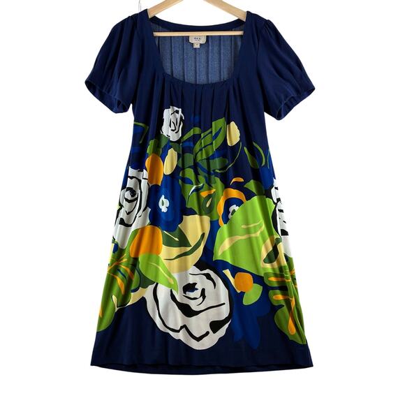 Eci New York Shift Dress Women 8 Floral Feminine Square Neck Navy Pleated Spring - Picture 1 of 10